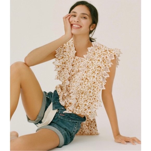 Anthropologie Trina Bow Blouse Floral Print Tie Back Yellow Beige Red Size Small - Picture 2 of 7